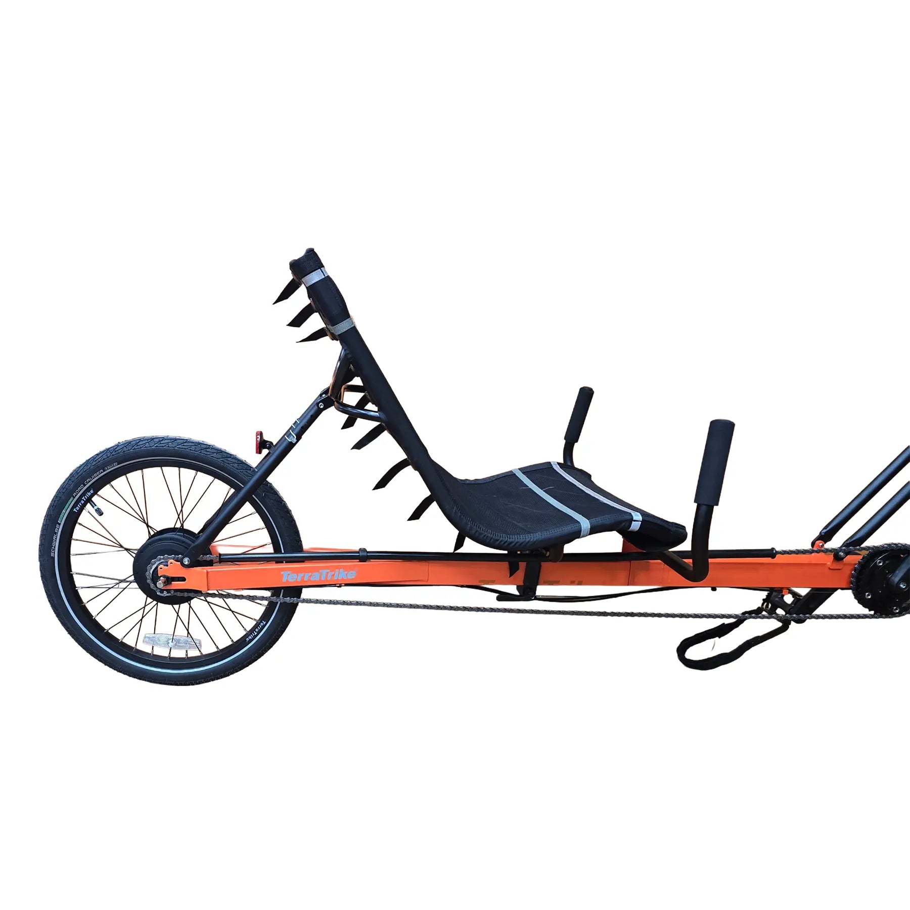 Closeup view of the back seat and rear wheel on the TerraTrike Rover Tandem e-Plus Habanero Recumbent Trike against a white background.