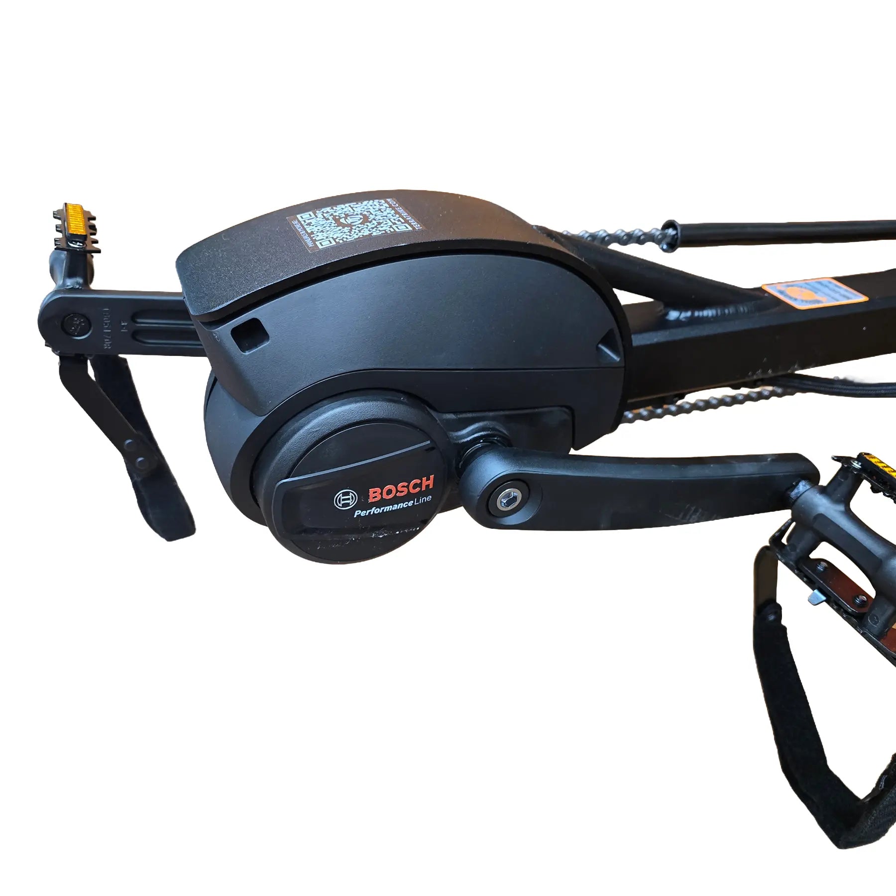 Closeup view of the Performance Line Bosch motor on the TerraTrike Rover Tandem e-Plus Habanero Recumbent Trike against a white background.