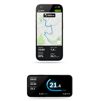 Closeup view of the Bosch eBike Flow app on a smartphone against a white background.