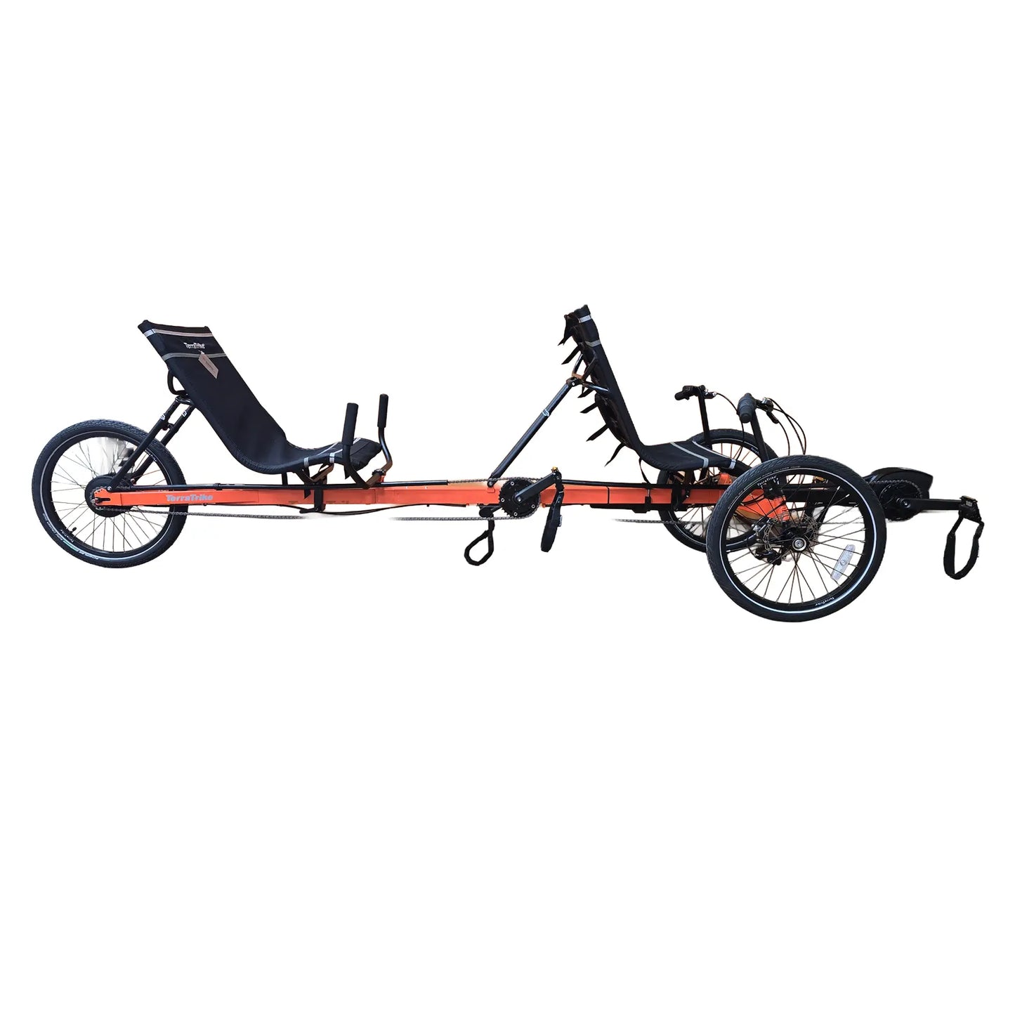 Side view of the TerraTrike Rover Tandem e-Plus Habanero Recumbent Trike against a white background.