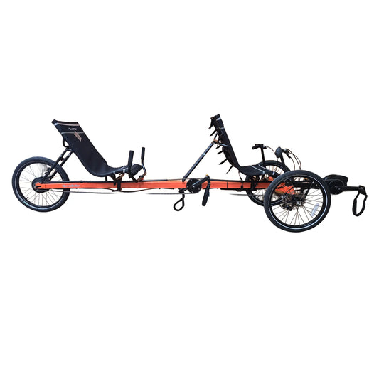 Side view of the TerraTrike Rover Tandem e-Plus Habanero Recumbent Trike against a white background.