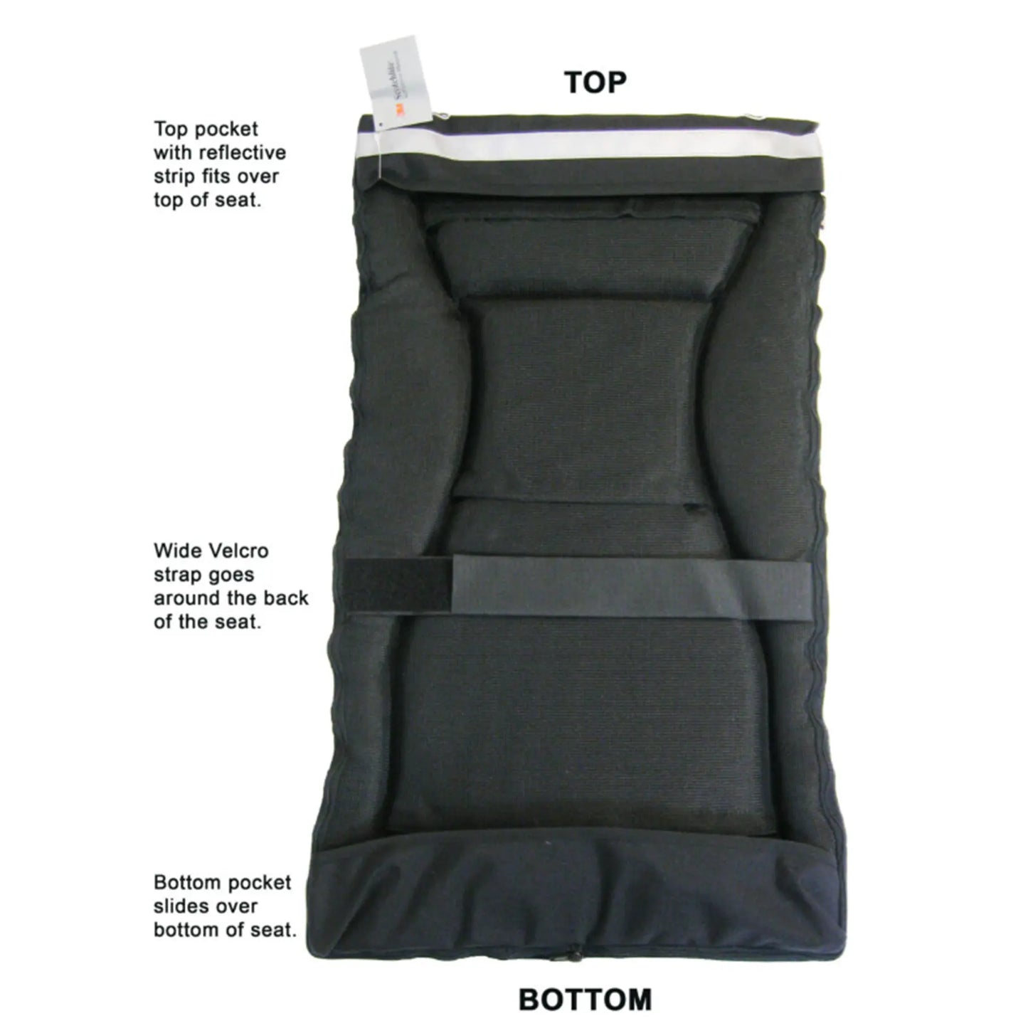 Back view of the black TerraTriike Seat Pad Cushion against a white background with text explaing the top and bottom pockets and middle velcro strap.