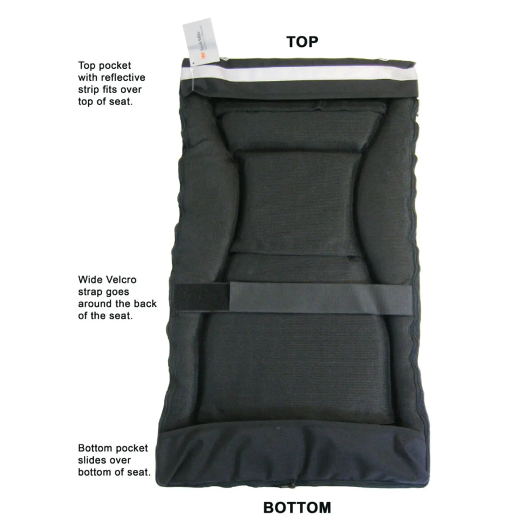 Back view of the black TerraTriike Seat Pad Cushion against a white background with text explaing the top and bottom pockets and middle velcro strap.