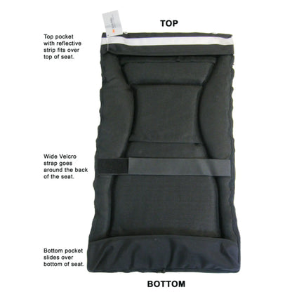 Back view of the black TerraTriike Seat Pad Cushion against a white background with text explaing the top and bottom pockets and middle velcro strap.
