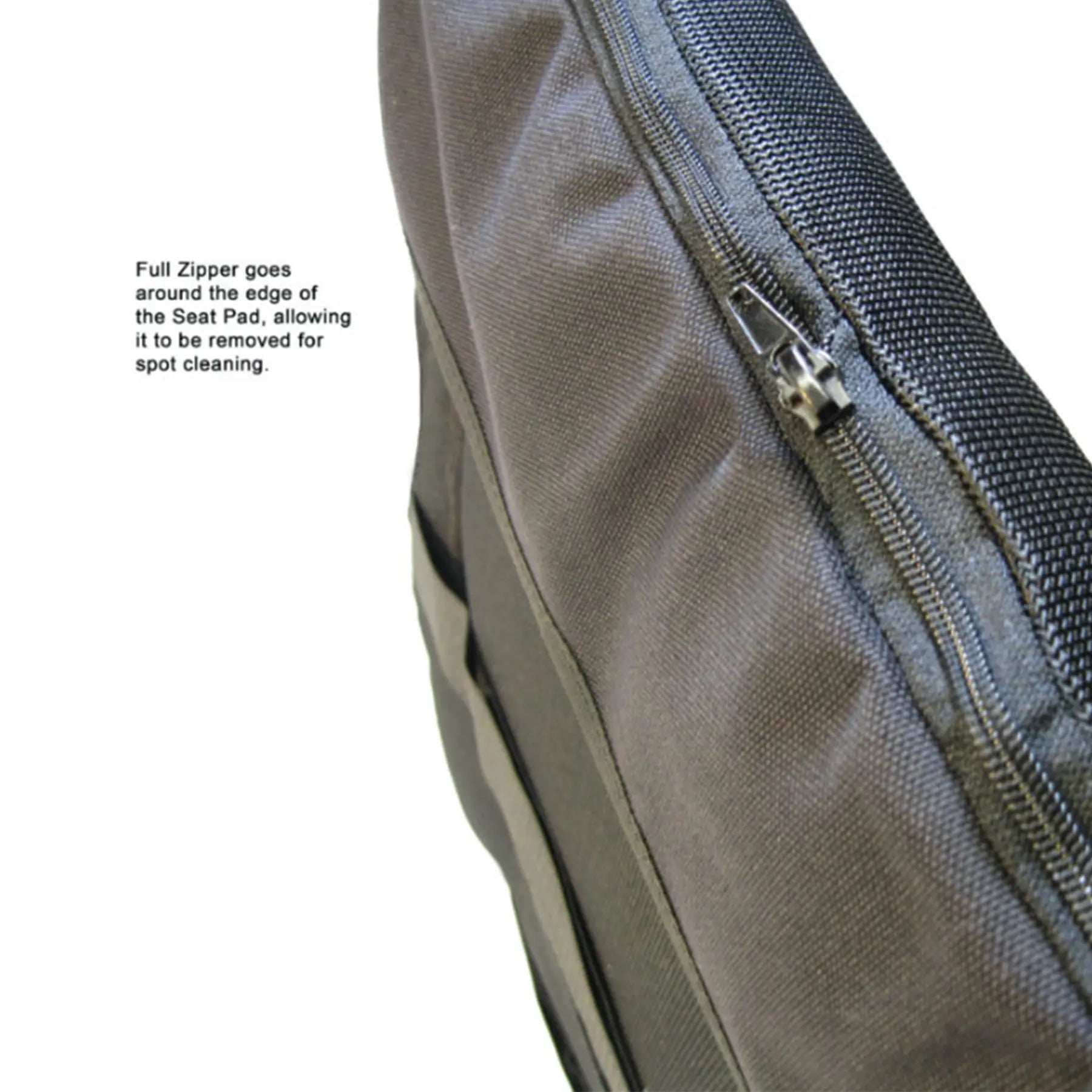 Top view of the black TerraTriike Seat Pad Cushion against a white background with text talking about the zipper opening to remove the pad to clean the outer fabric.