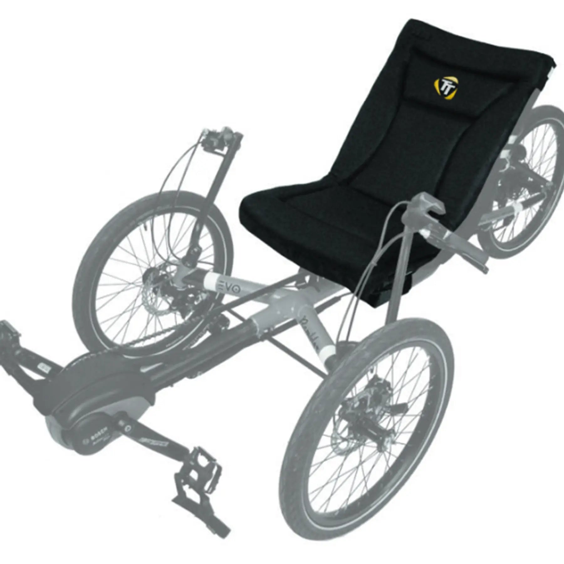 View of the black TerraTriike Seat Pad Cushion on a trike against a white background.