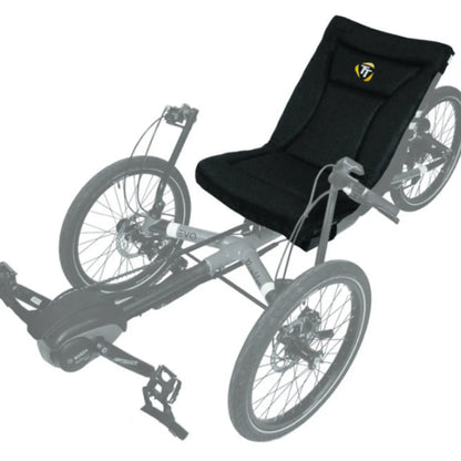 View of the black TerraTriike Seat Pad Cushion on a trike against a white background.