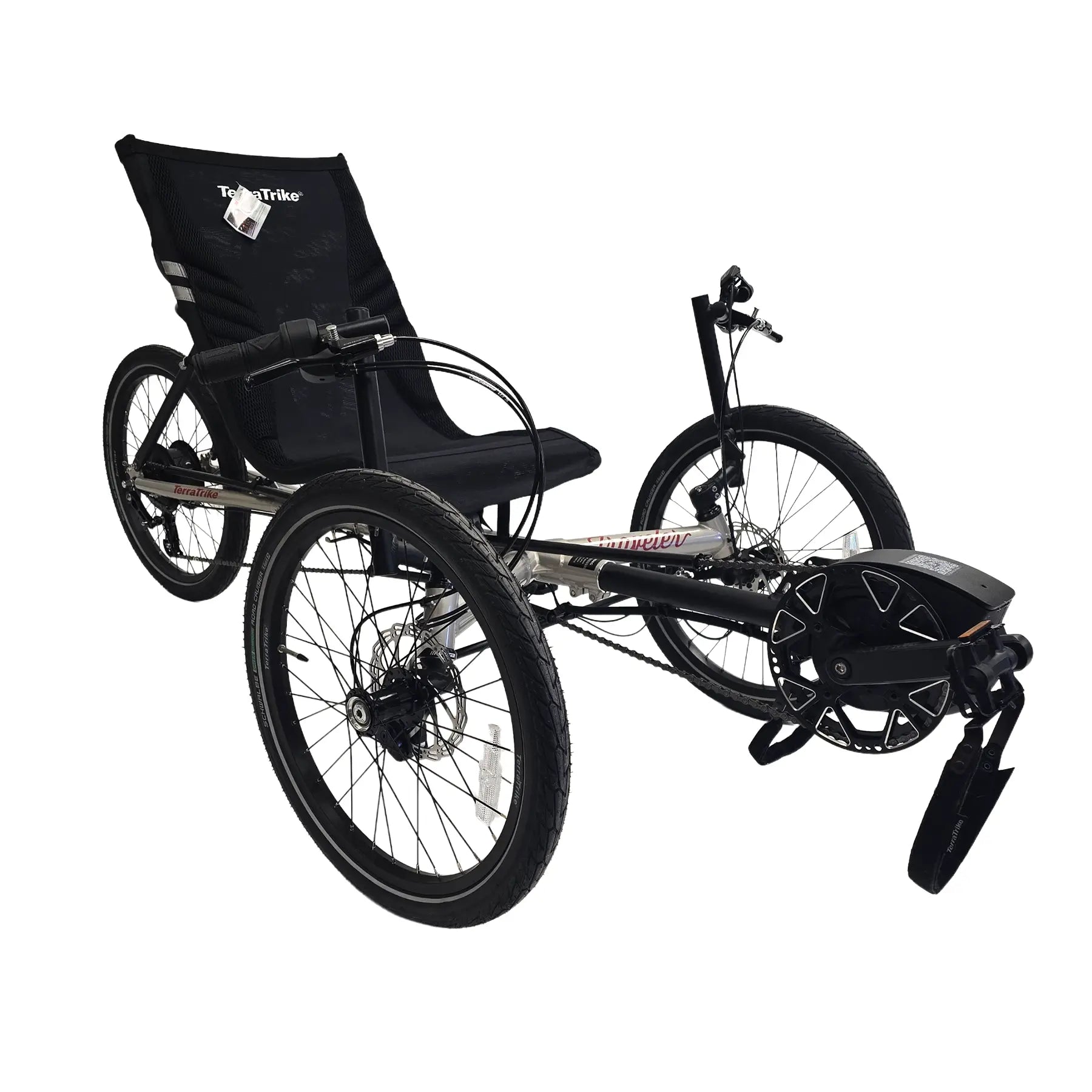 Angled side view of the TerraTrike Traveler Champagne e-Plus Recumbent Trike against a white background.