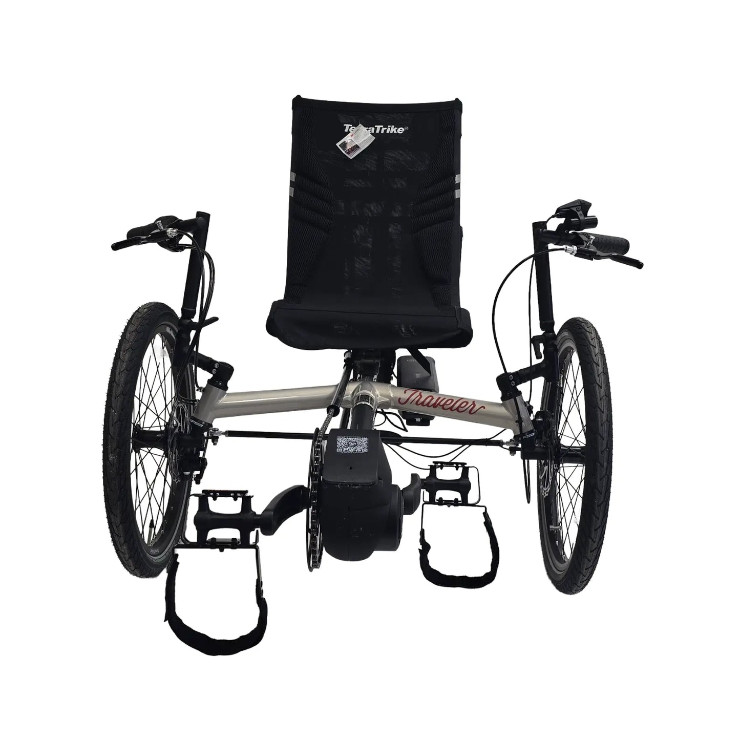 Front view of the TerraTrike Traveler Champagne e-Plus Recumbent Trike against a white background.