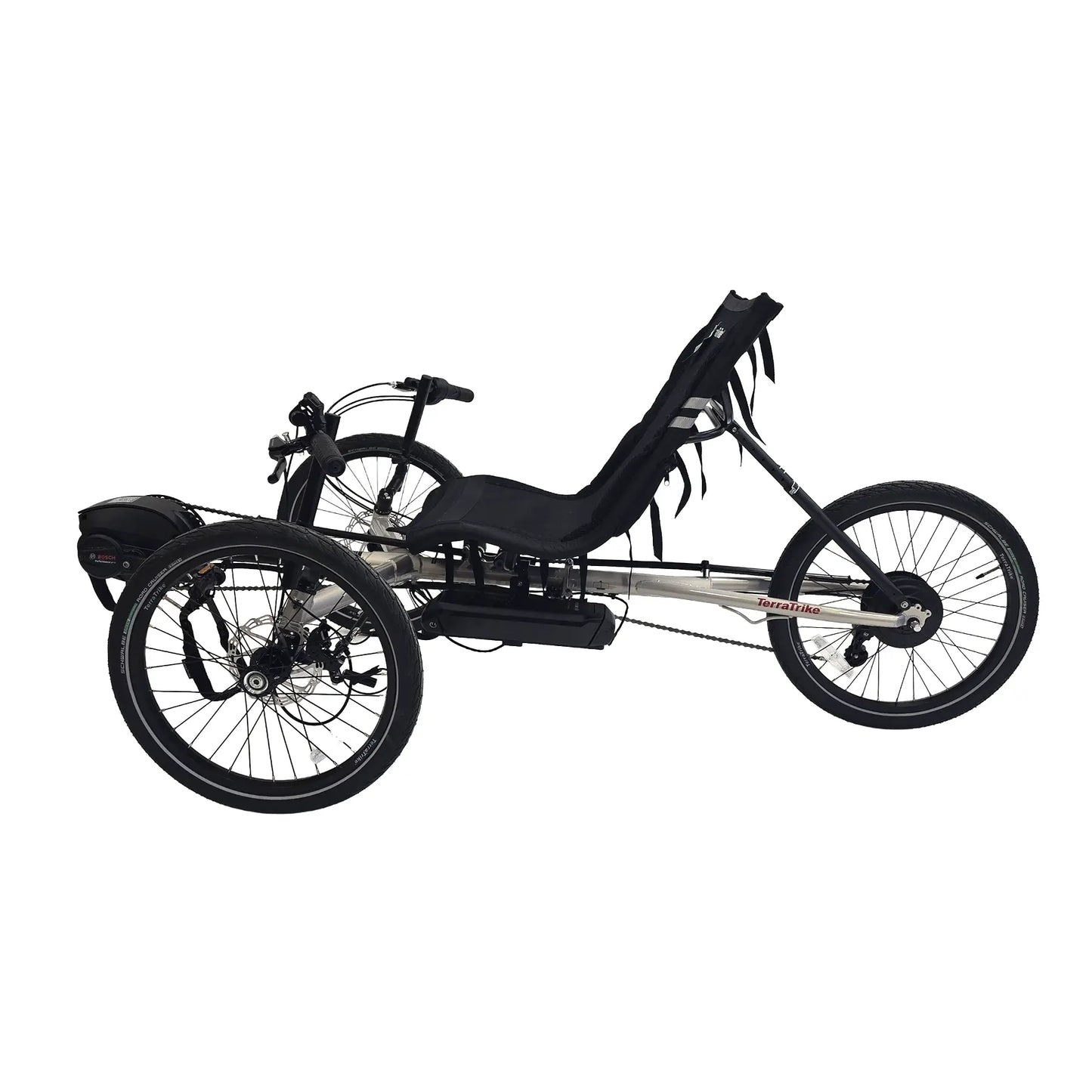 Non-drive side view of the TerraTrike Traveler Champagne e-Plus Recumbent Trike against a white background.