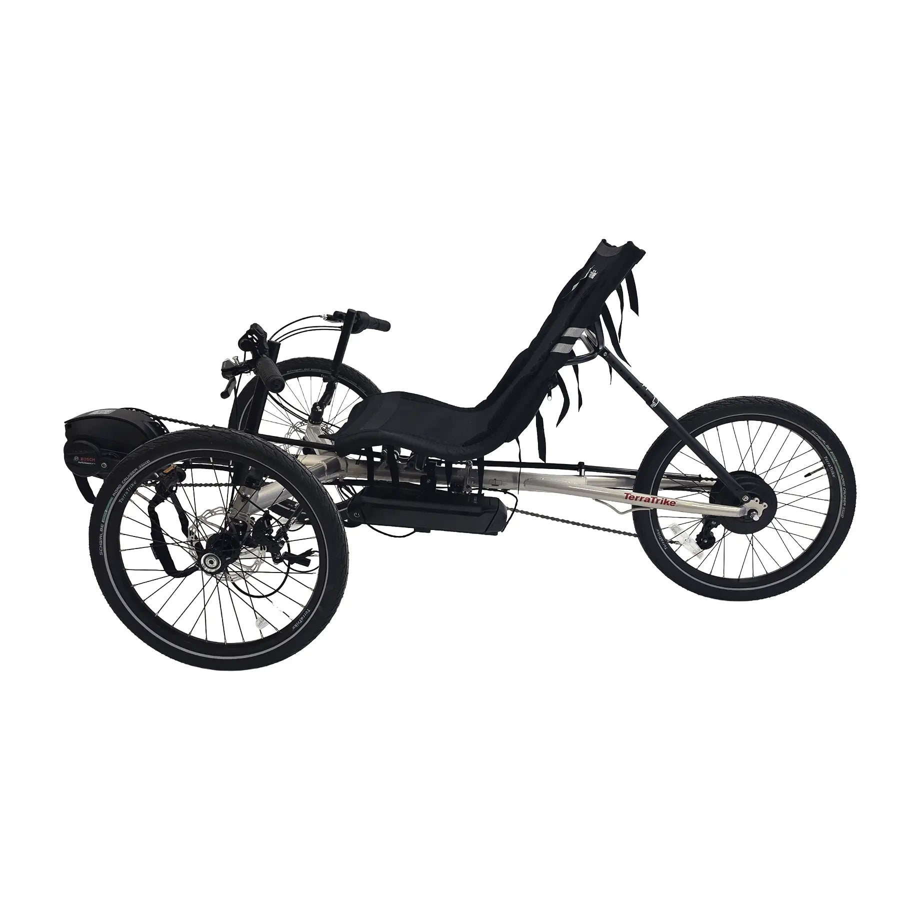 Non-drive side view of the TerraTrike Traveler Champagne e-Plus Recumbent Trike against a white background.