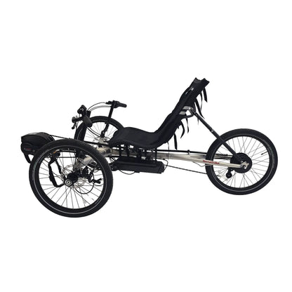 Non-drive side view of the TerraTrike Traveler Champagne e-Plus Recumbent Trike against a white background.