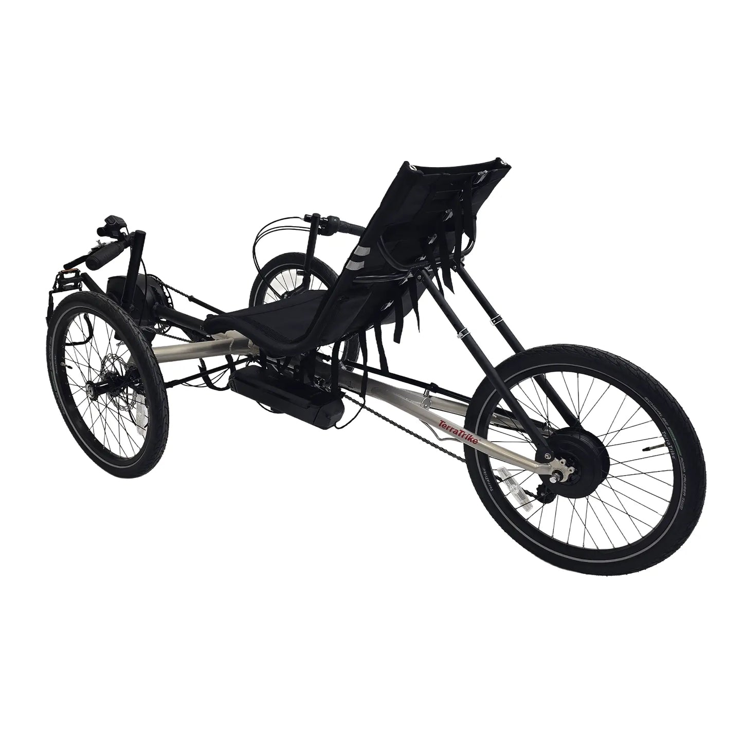 Angled non-drive side view of the TerraTrike Traveler Champagne e-Plus Recumbent Trike against a white background.