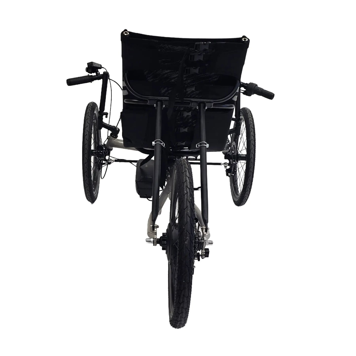 Rear view of the TerraTrike Traveler Champagne e-Plus Recumbent Trike against a white background.