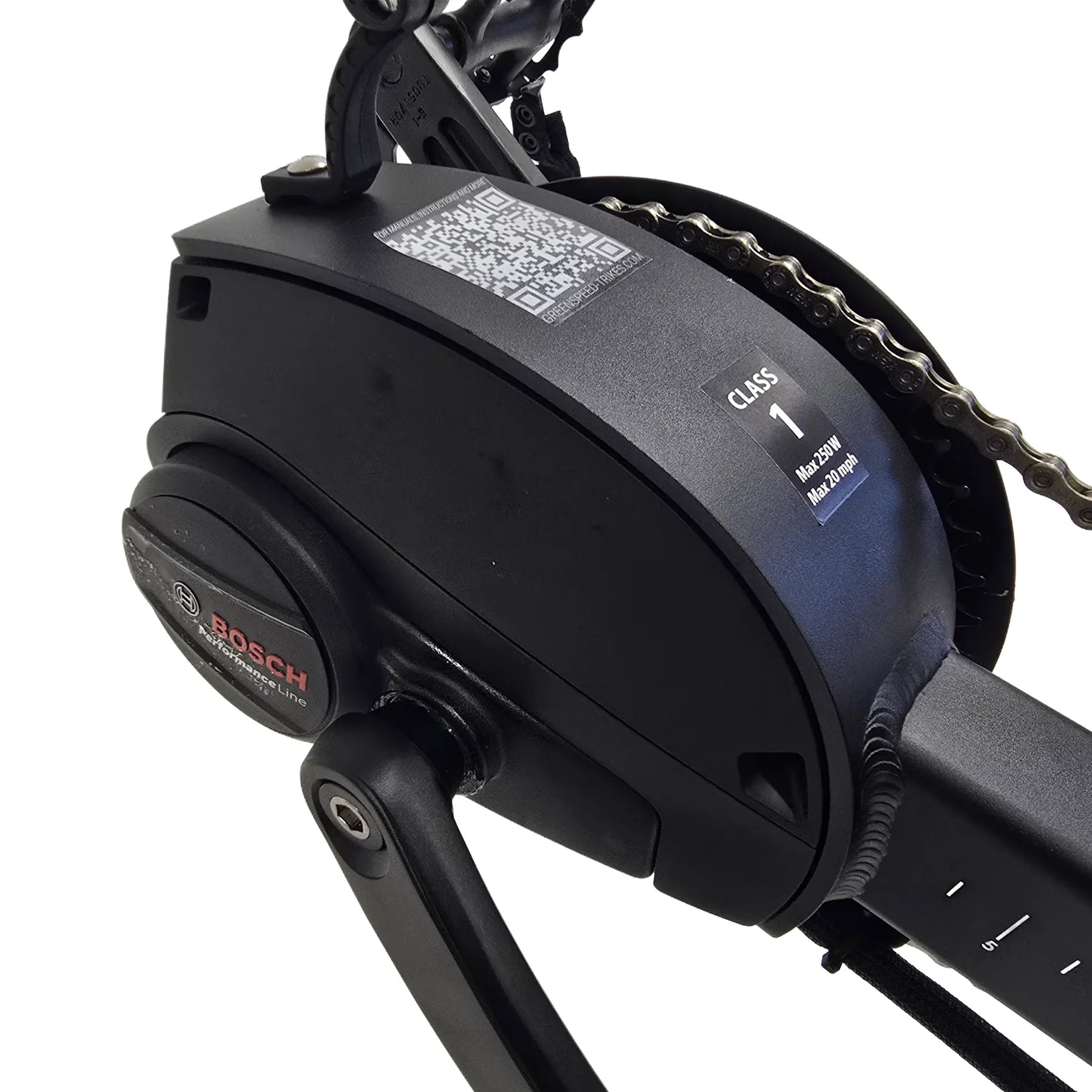 Closeup view of the Bosch motor on the TerraTrike Traveler Champagne e-Plus Recumbent Trike against a white background.