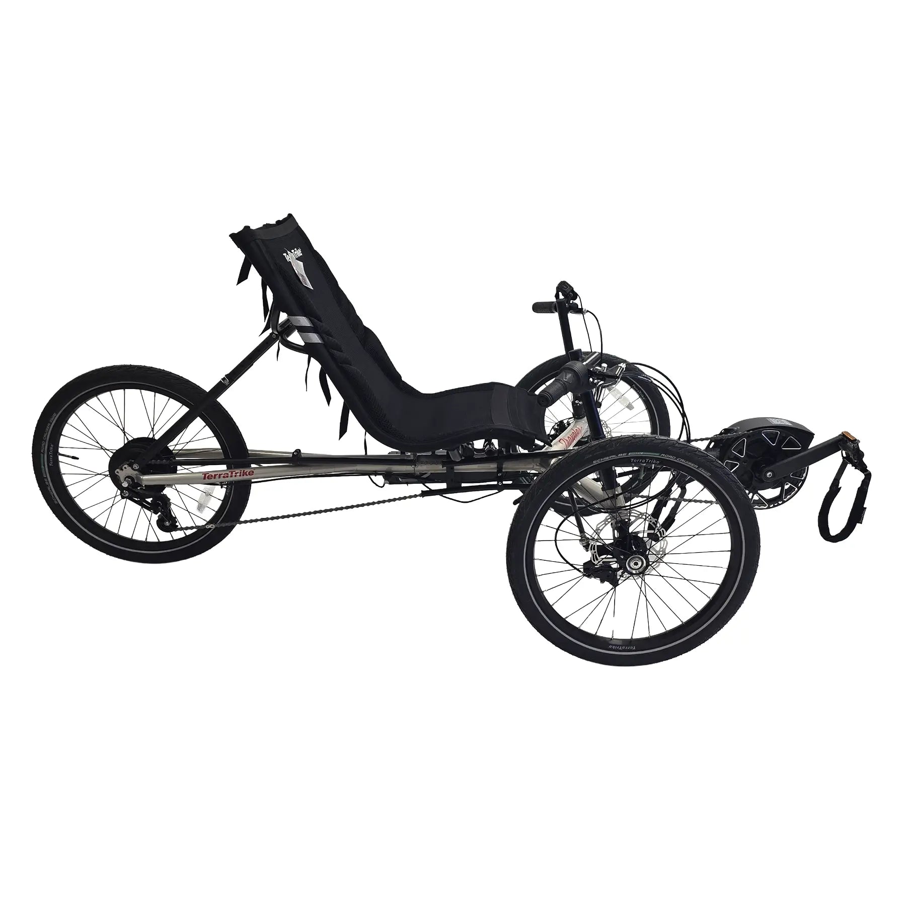 Side view of the TerraTrike Traveler Champagne e-Plus Recumbent Trike against a white background.