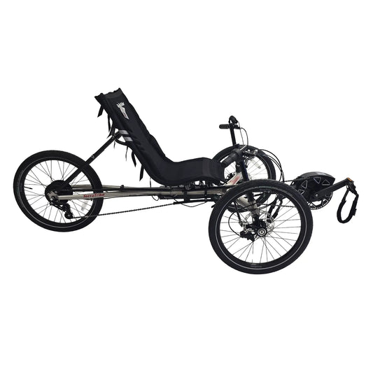 Side view of the TerraTrike Traveler Champagne e-Plus Recumbent Trike against a white background.