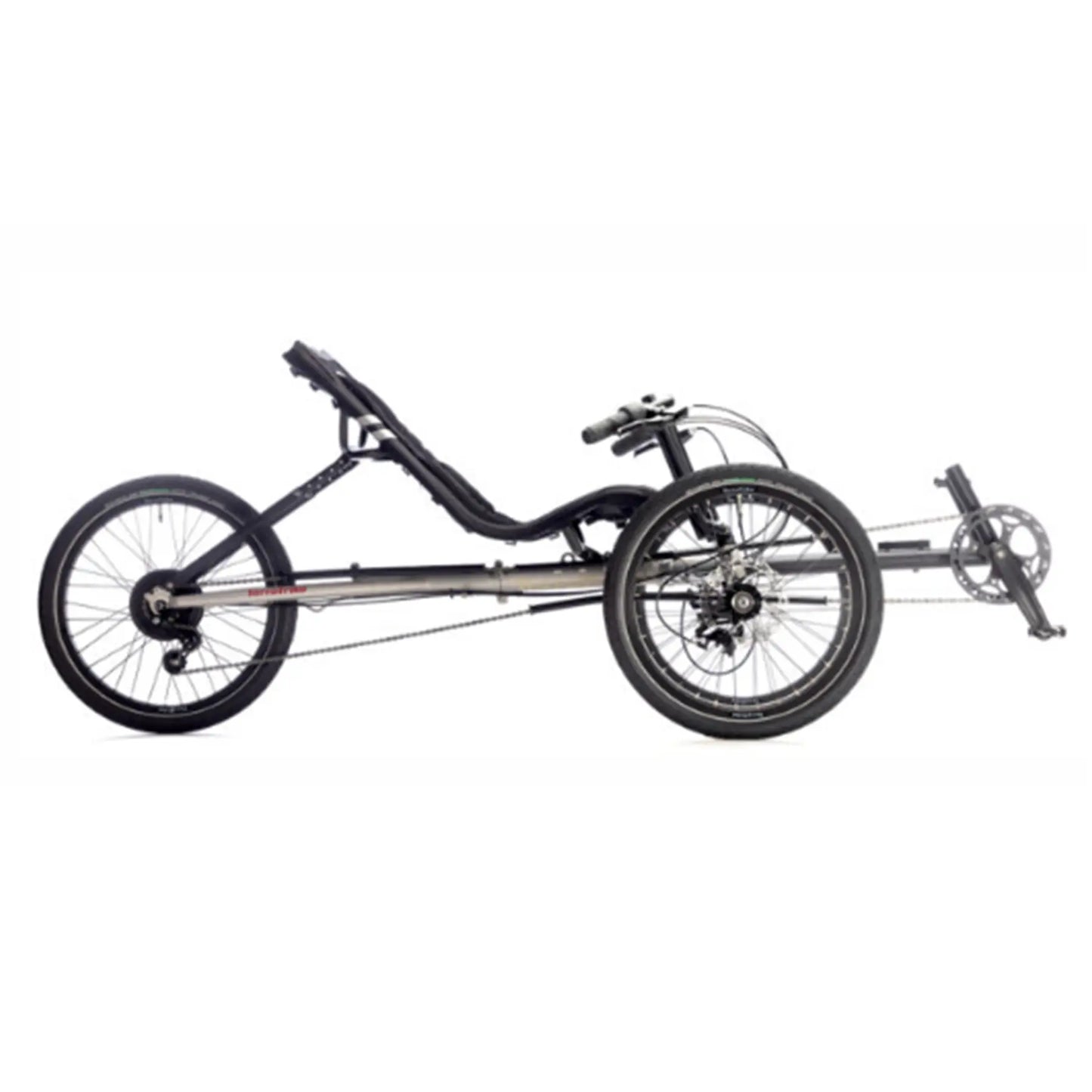 Side view of the TerraTrike Traveler Champagne Recumbent Trike against a white background.