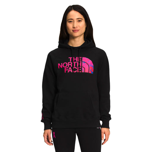 Front view of The North Face Womens Printed Novelty Fill Hoodie in Black with Pink. logo