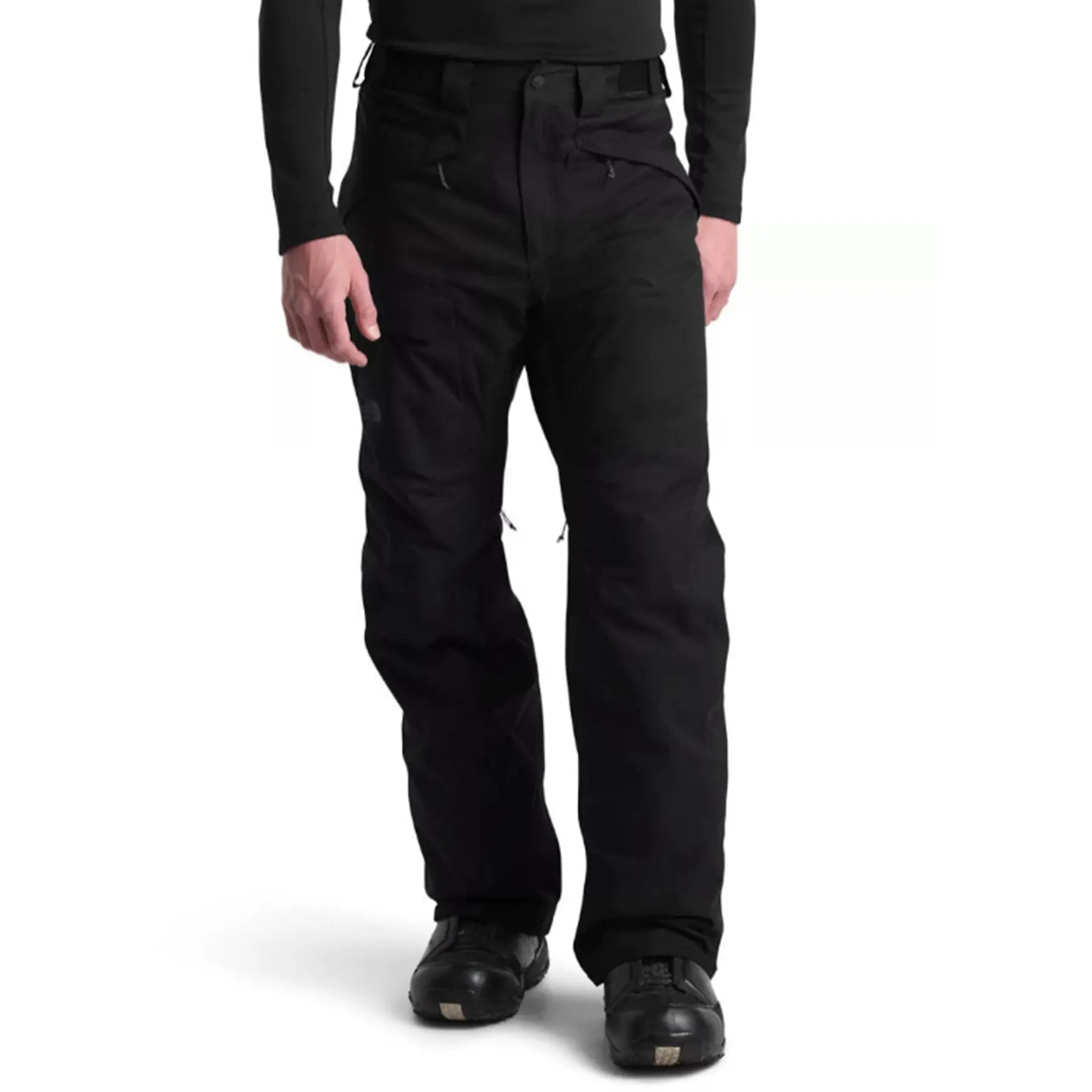 Front view of The North Face Mens Freedom Insulated Black Pant on a model against a white background.