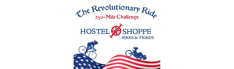Logo for 'The Revolutionary Ride' 250-Mile Challenge with Hostel Shoppe branding on a white background.