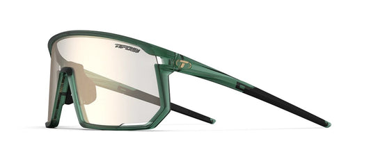 Side view of forest vapor Tifosi Moab sunglasses with gold lens on a white background. 