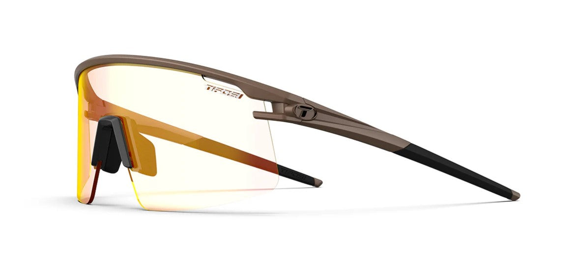 Side view of Tifosi Moab Lite matte bronze sunglass with fototec lens on white background. 