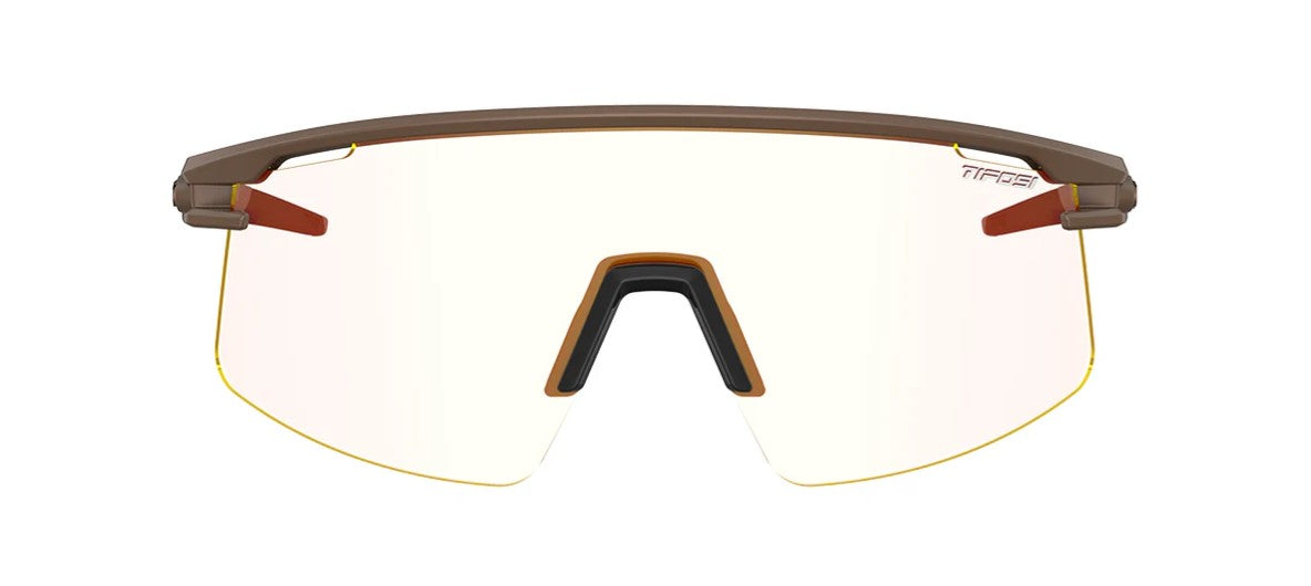 Front view of Tifosi Moab Lite matte bronze sunglass with fototec lens on white background. 