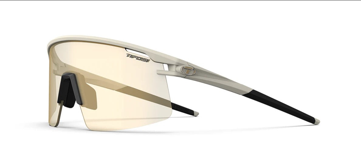Side profile view of Tifosi Moab Lite Sahara sunglass with gold fototec lens on white background. 