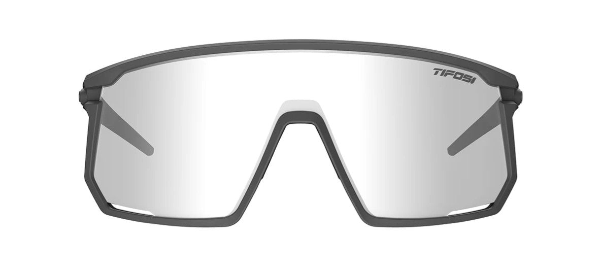 Front view of matte gunmetal Tifosi Moab sunglasses with grey lenses on a white background. 
