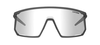 Front view of matte gunmetal Tifosi Moab sunglasses with grey lenses on a white background. 