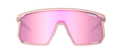 Front view of matte pink Tifosi Moab sunglasses with pink lenses on a white background. 