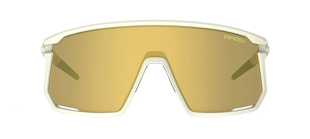 Front view of off white Sahara Tifosi Moab sunglasses with gold lenses on a white background. 