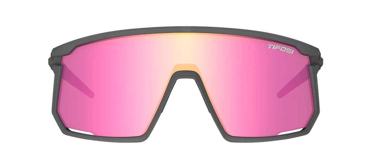 Front view of satin grey Tifosi Moab sunglasses with pink lenses on a white background. 