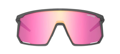 Front view of satin grey Tifosi Moab sunglasses with pink lenses on a white background. 