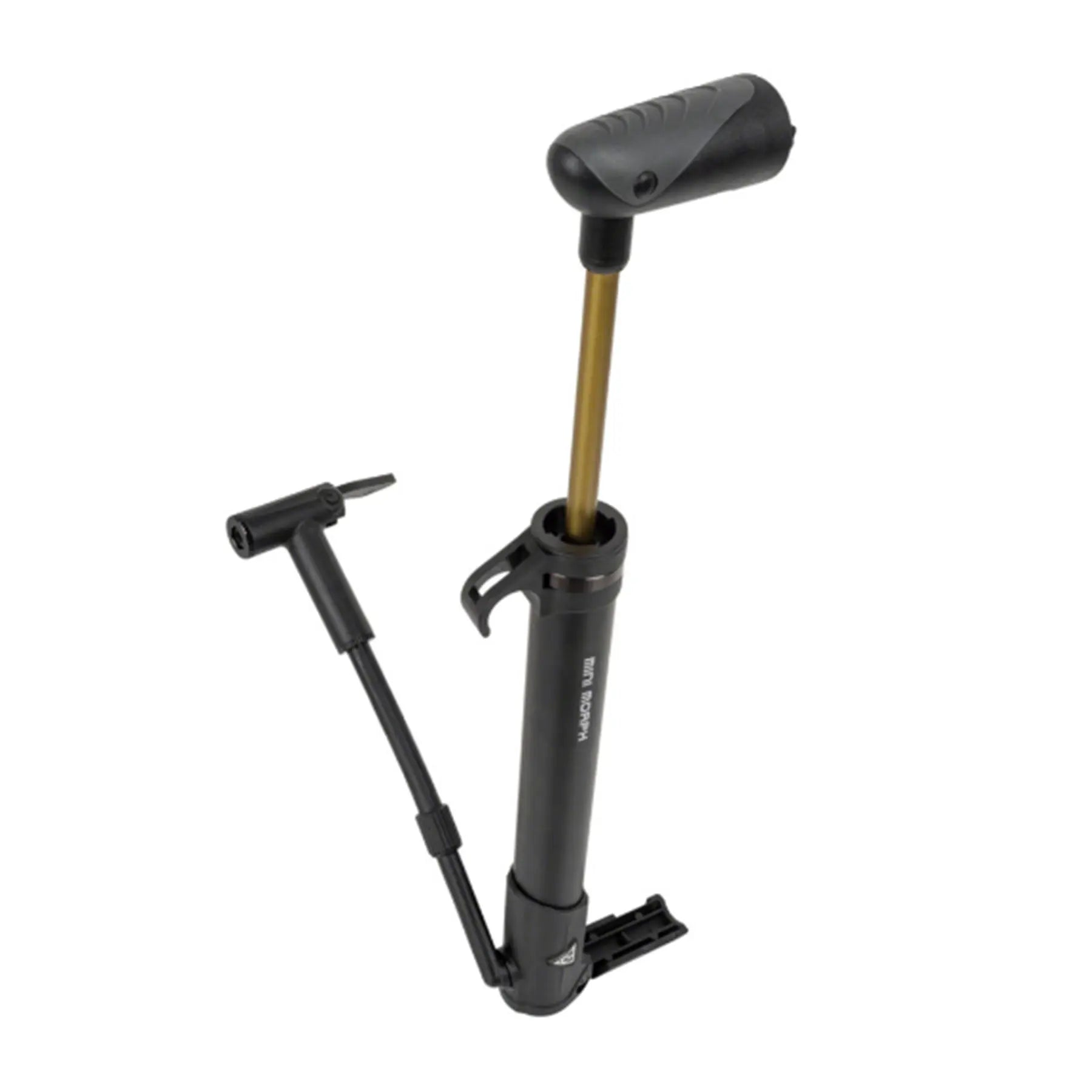 View of the Topeak Mini Morph G Pump in black with the hose and foot pad and pump handle pulled out against a white background.