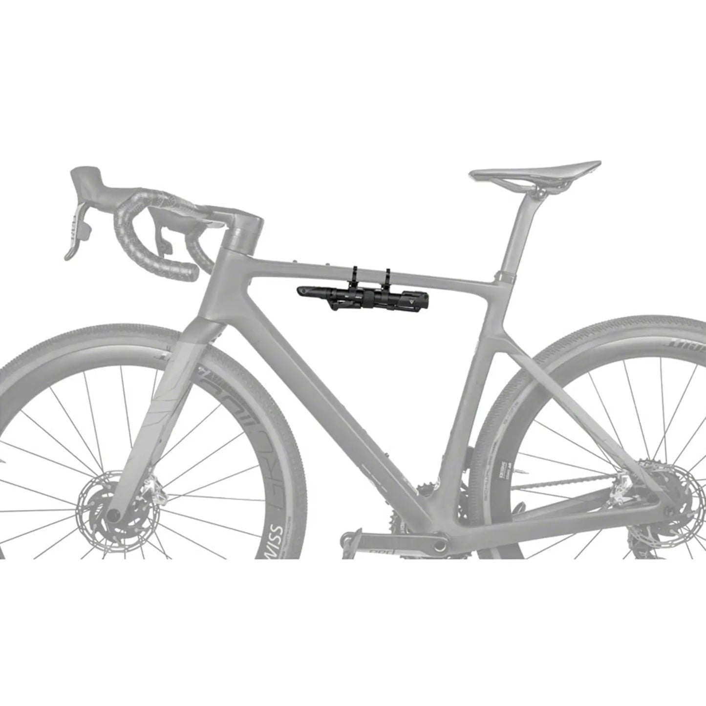 View of the Topeak Mini Morph G Pump in black on a grayed out bicycle against a white background.