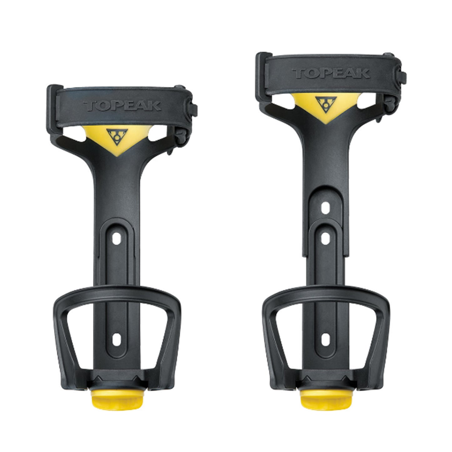 Two front views of the Topeak Modula™ Java bottle cage with Topeak branding  showing two different height settings.