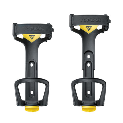 Two front views of the Topeak Modula™ Java bottle cage with Topeak branding  showing two different height settings.