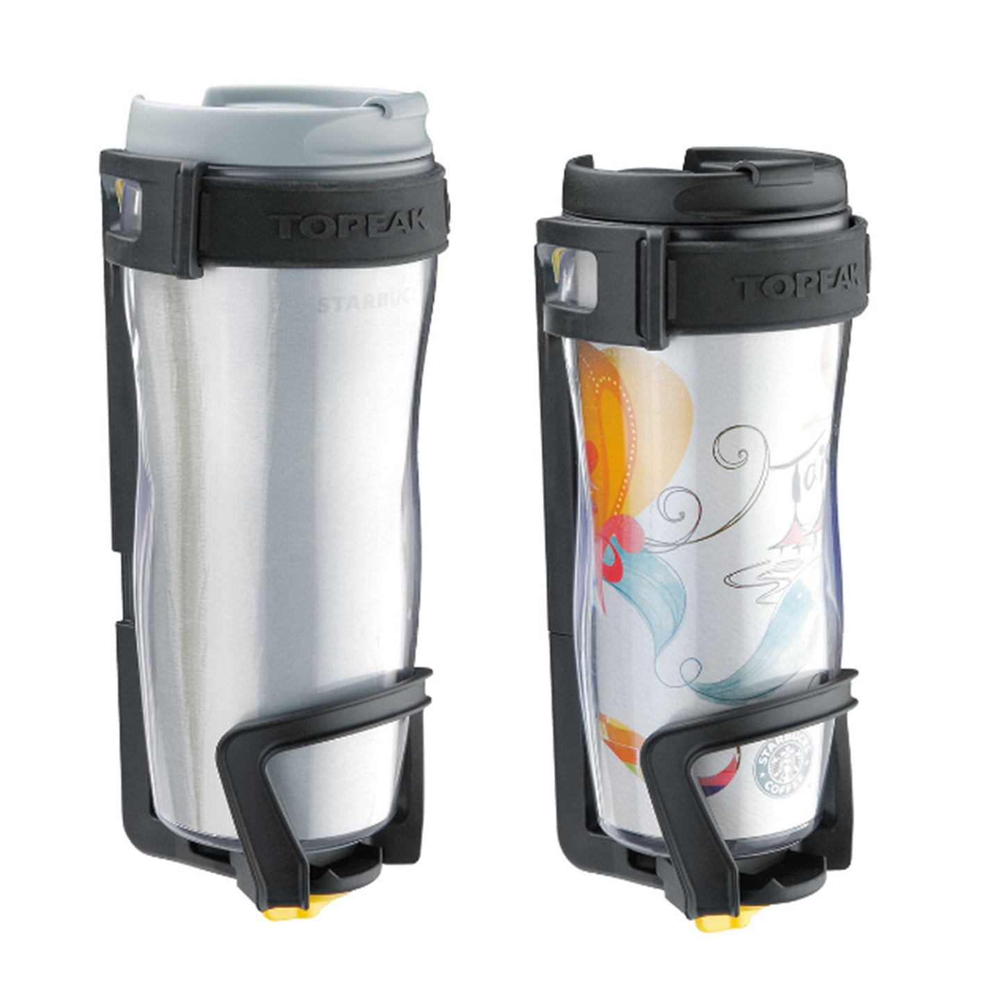 Two of the Topeak Modula™ Java bottle cages shown with two different size coffee mugs.