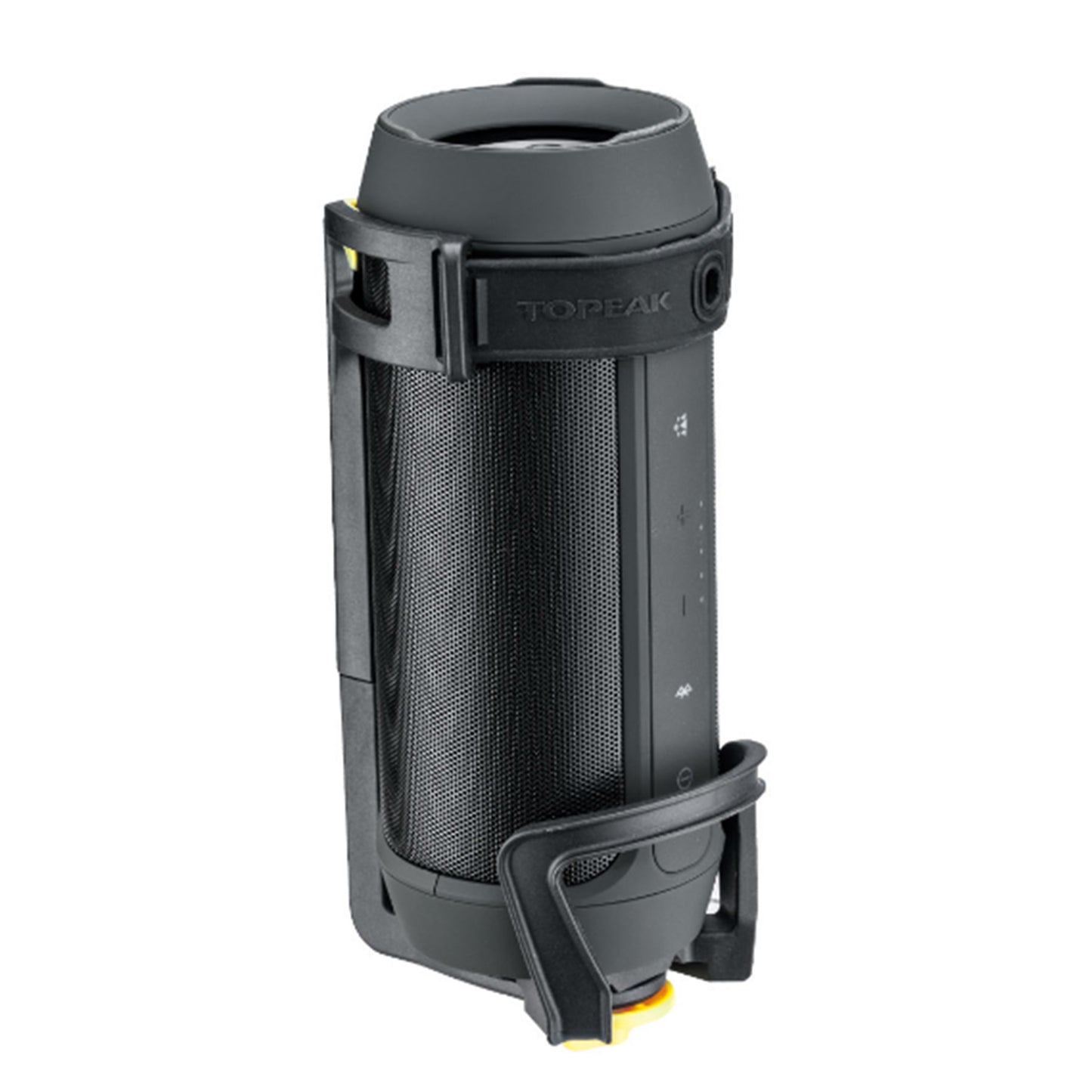 The Topeak Modula™ Java bottle cage showing a portable cylindrical bluetooth speaker mounted in the bottle cage.