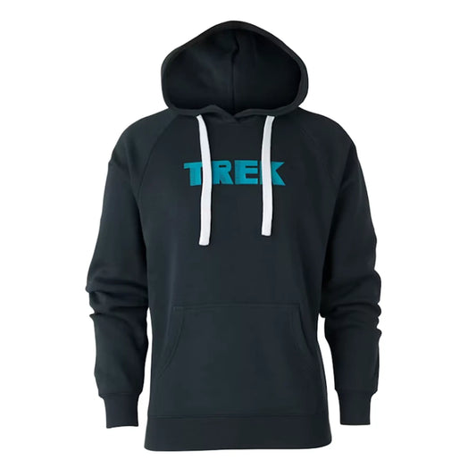 Front image of a Trek 80' Fade Hoodie in Midnight Navy with a light blue Trek logo against a white background.