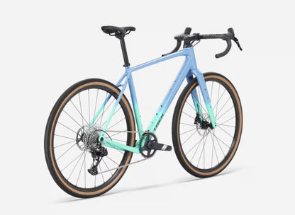 Angled profile view of a light blue and teal green Trek Checkpoint ALR 5 road bicycle on a white background