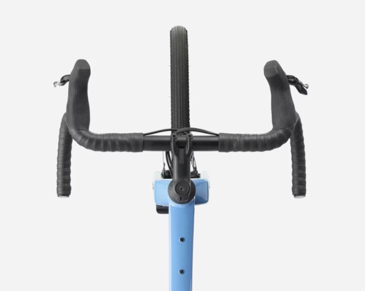 Bicycle handlebar with black grips and blue frame and fork on a white background