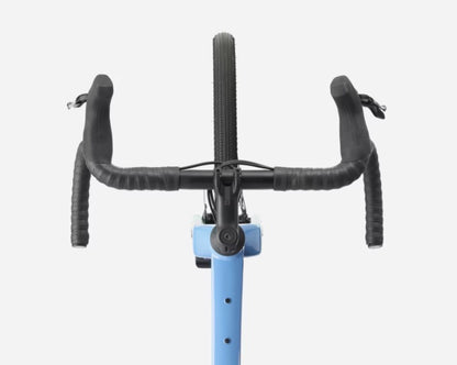 Bicycle handlebar with black grips and blue frame and fork on a white background