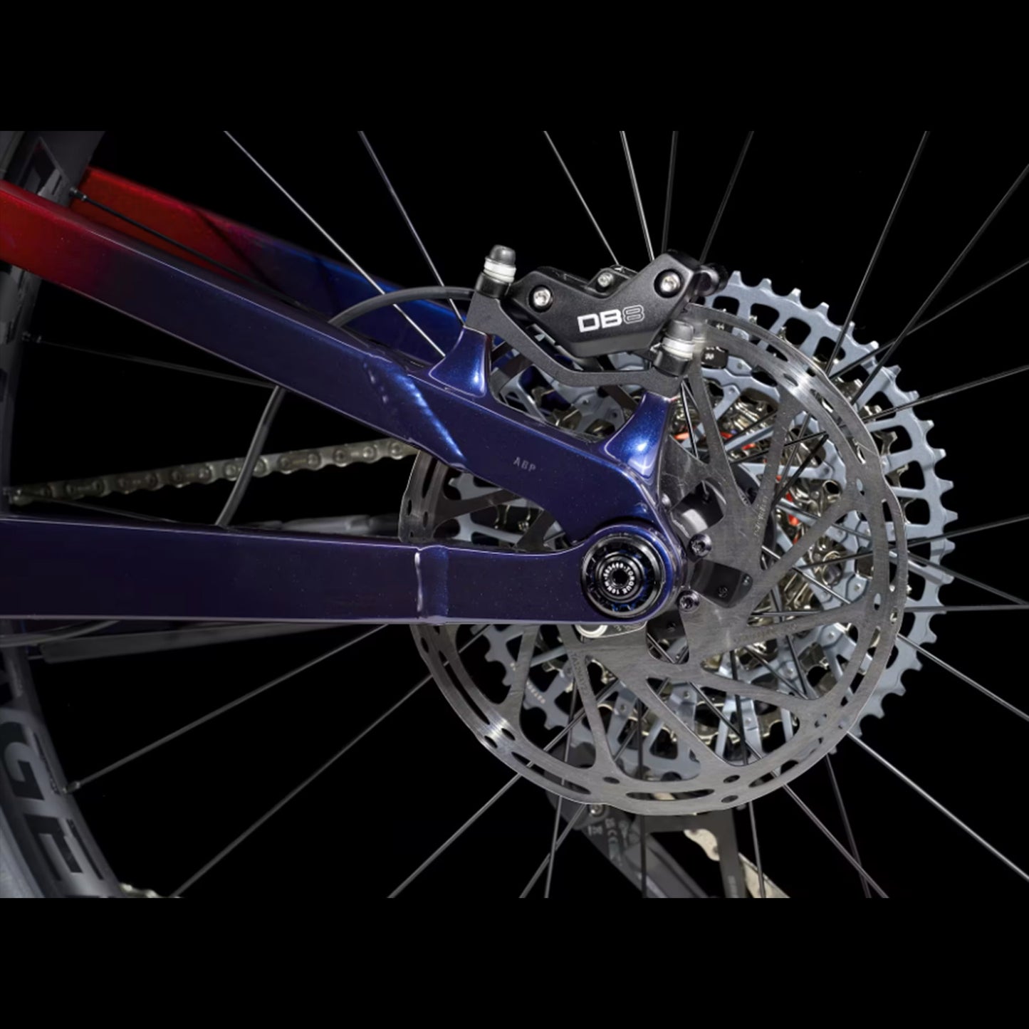 Closeup of the cassette and rear disc brake on a Trek Fuel Exe 8GX AXS mountain bike on a black background.