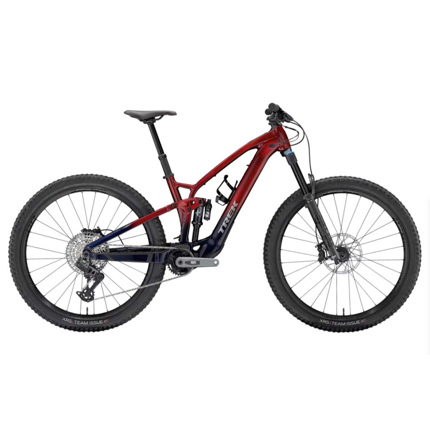 Rage red to deep dark blue fade Trek Fuel Exe 8GX AXS mountain bike on a white background.