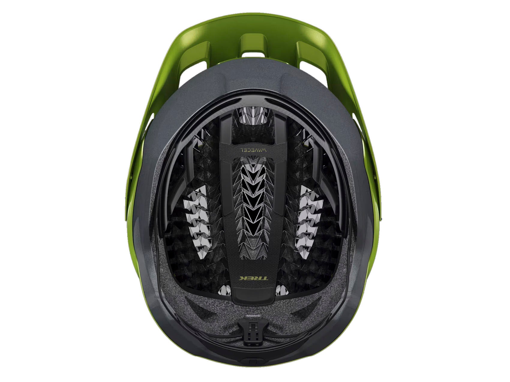 Interior view of the Trek Quantum WaveCel Mountain Bike Helmet in the color Power Surge, shown on a white background.