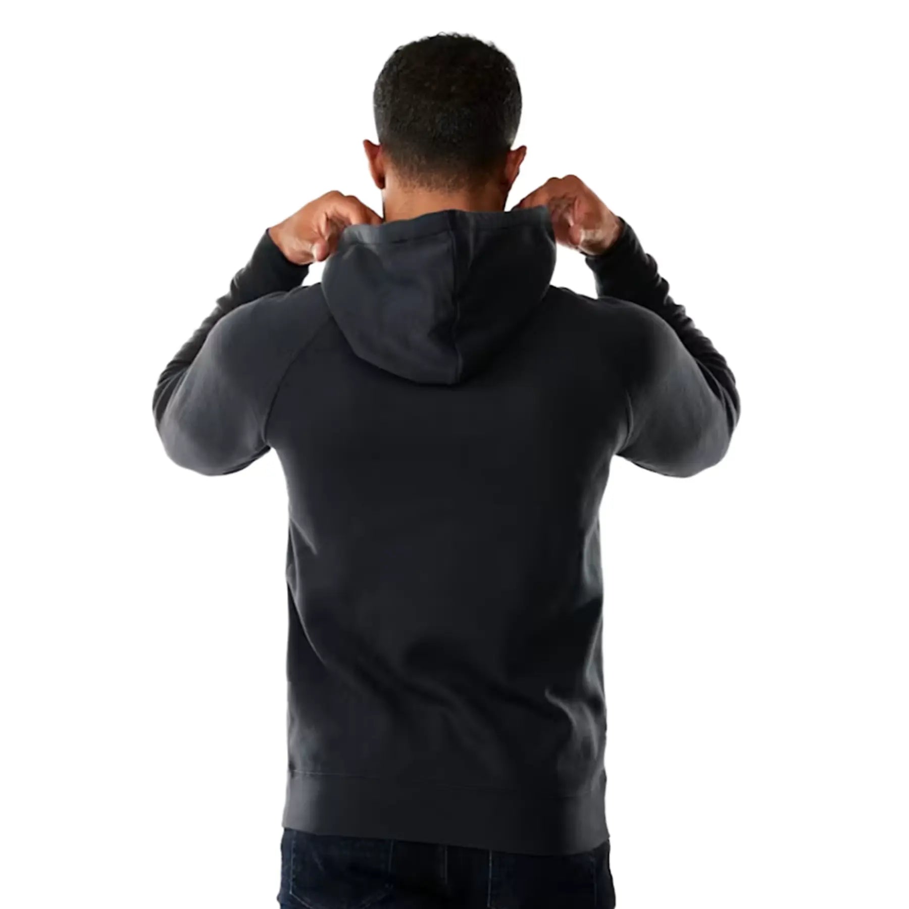 Back view of the Trek Sunrise Script Hoodie in Dark Navy against a white background.