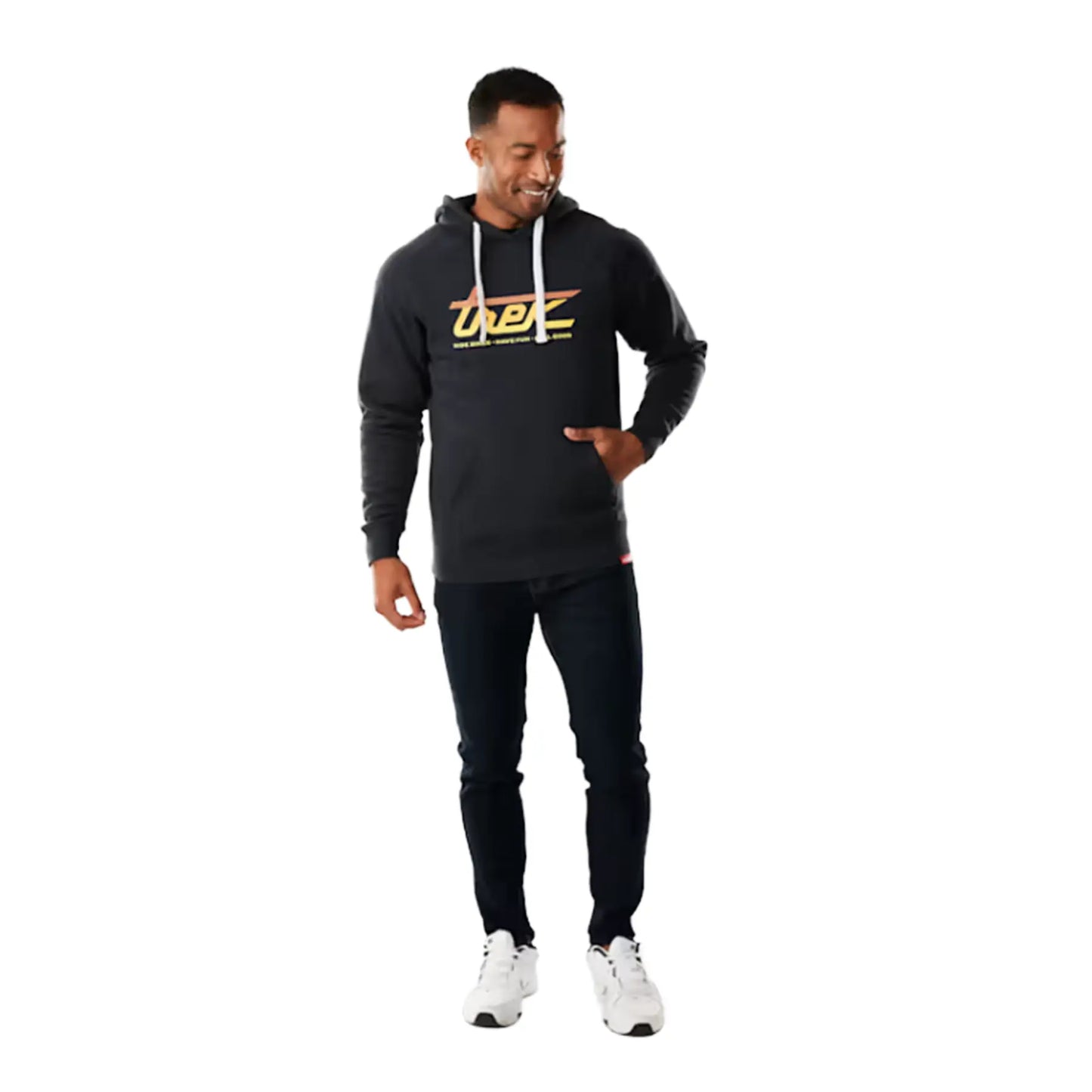 Front view of the Trek Sunrise Script Hoodie in Dark Navy with an orange to yellow fade Trek graphic and white hood strings against a white background.